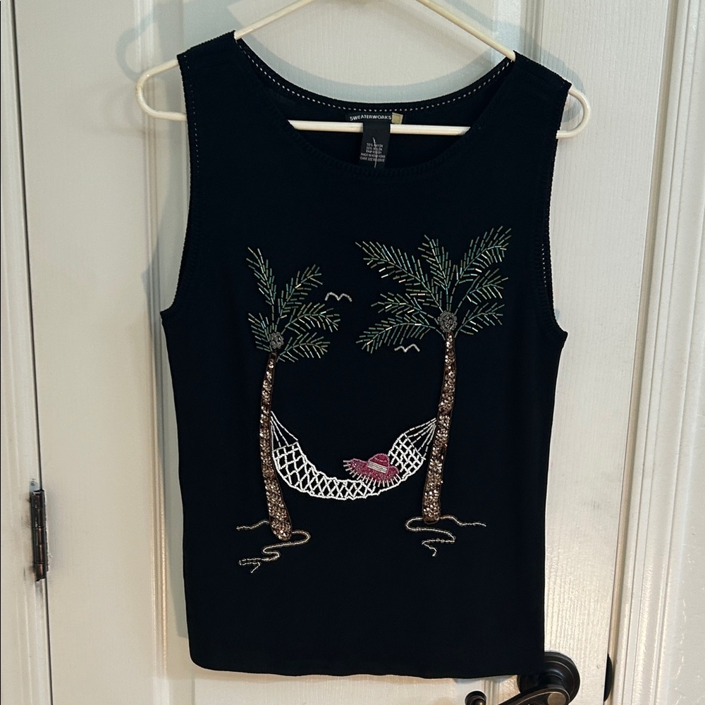 Sweaterworks Black beaded Sleeveless Top with Palm Tree Design